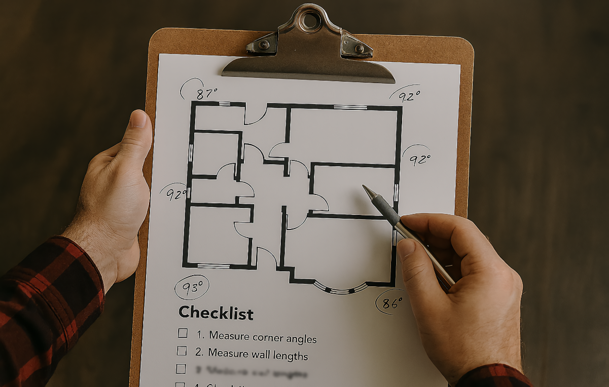 Person in red and black flannel shirt holding a clipboard with a floor plan for recording corner angles and wall lengths and procedure checklist.