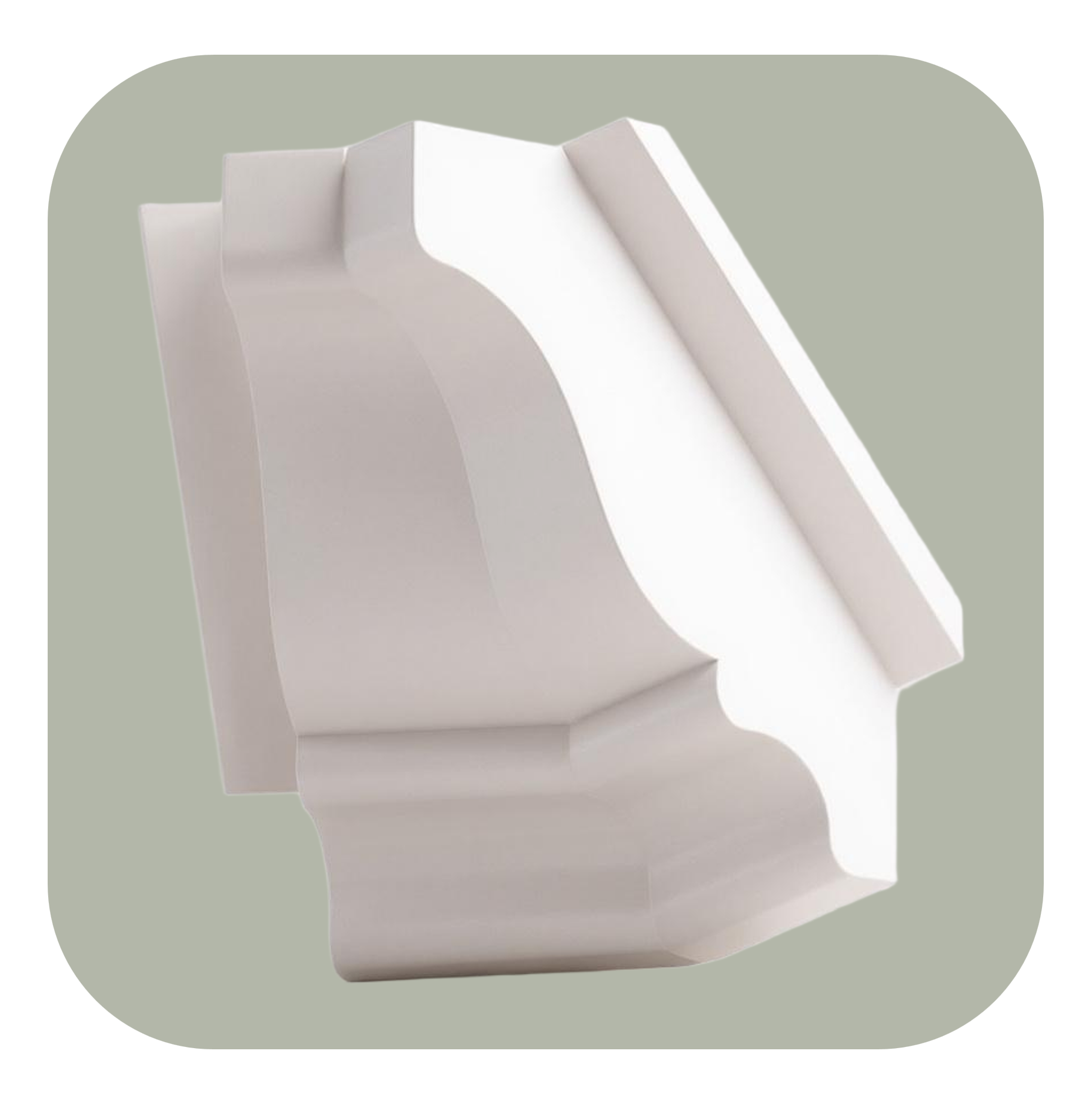 Decorative white crown molding corner, 135 degrees inside corner piece on a light green background.