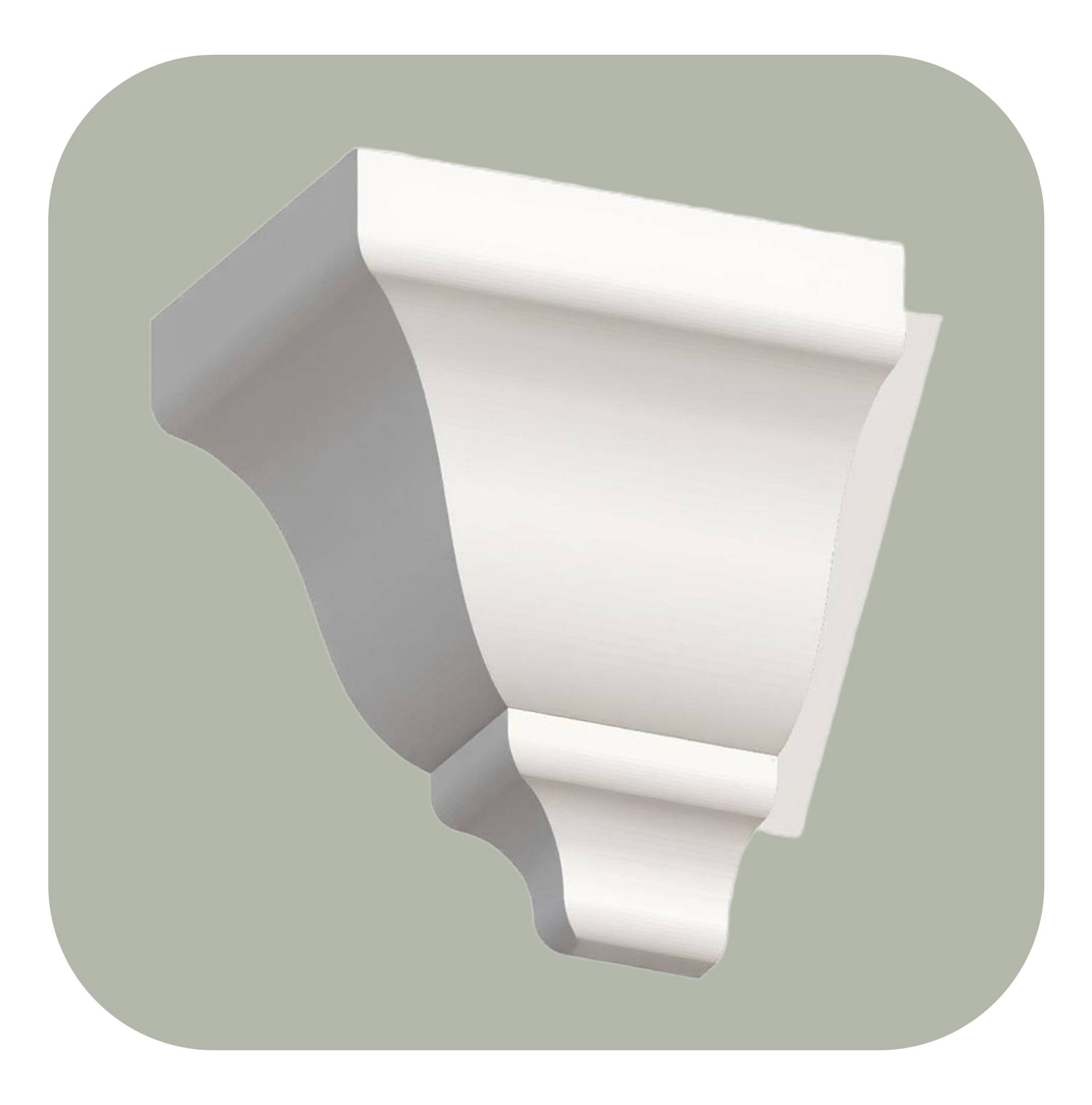 Decorative white crown molding left terminal return piece on a light green background.
