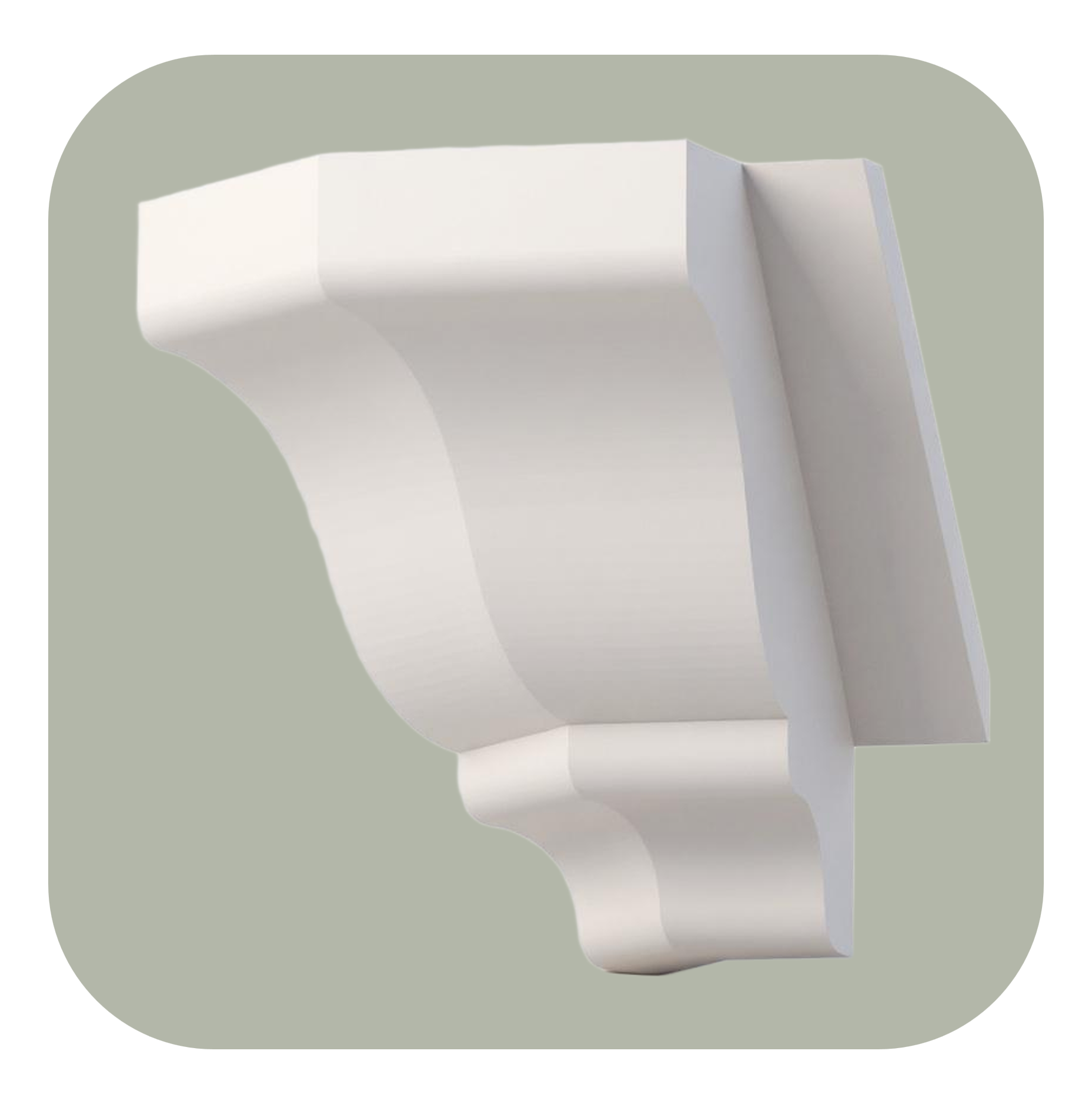 Decorative white crown molding corner, 135 degrees outside corner piece on a light green background.