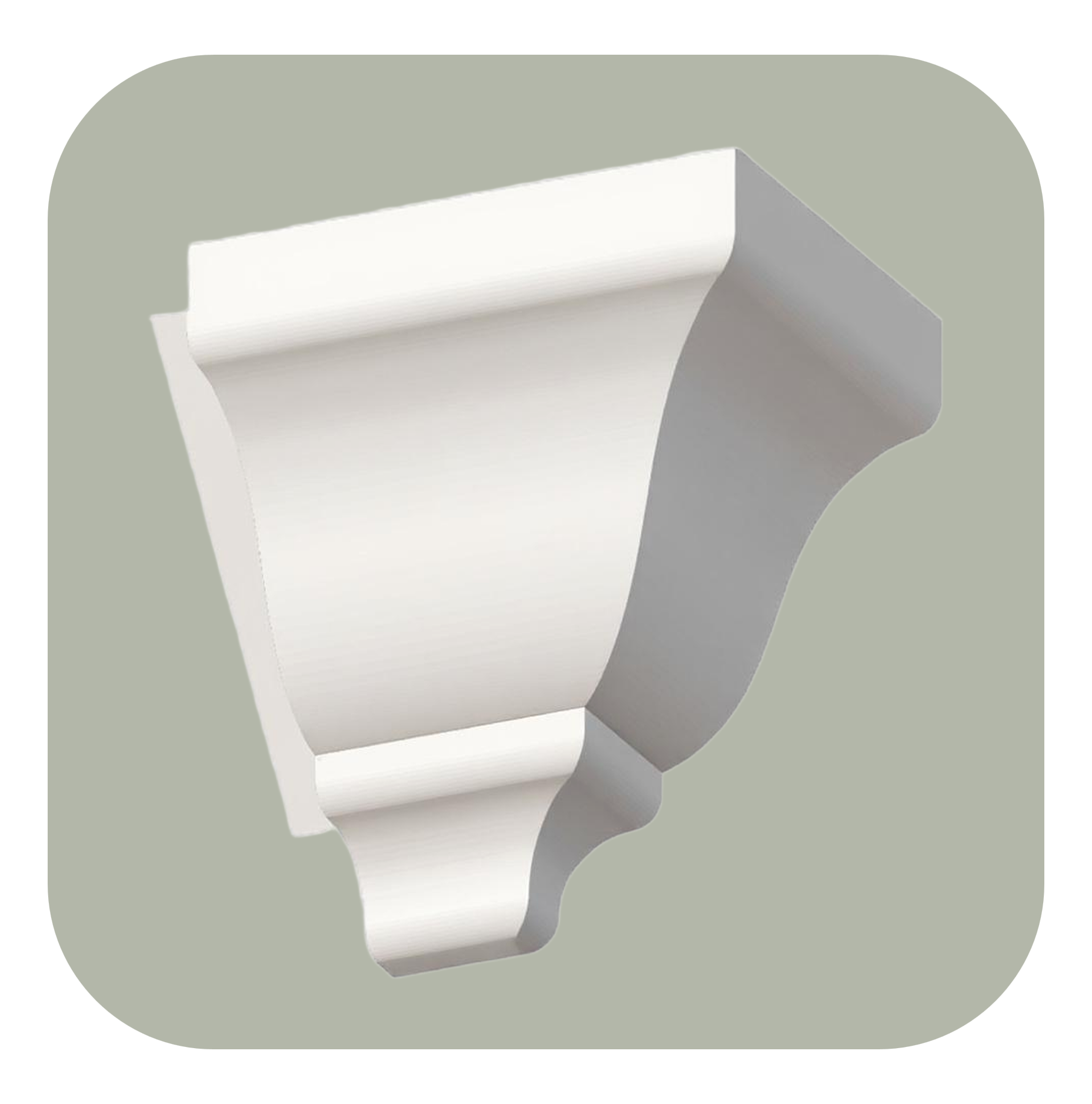 Decorative white crown molding right terminal return piece on a light green background.