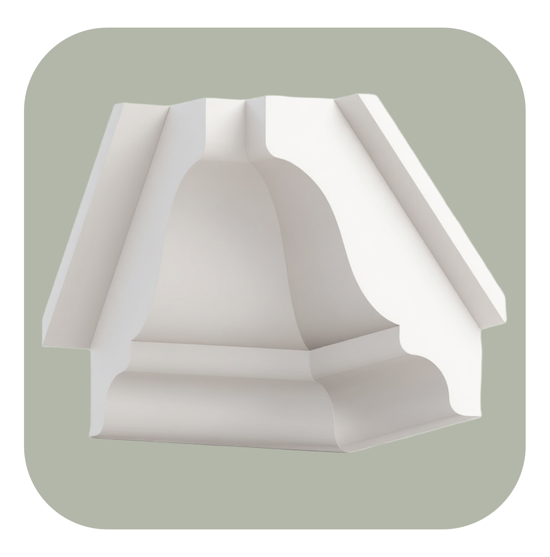 Decorative white crown molding corner, 90 degrees inside corner piece on a light green background.